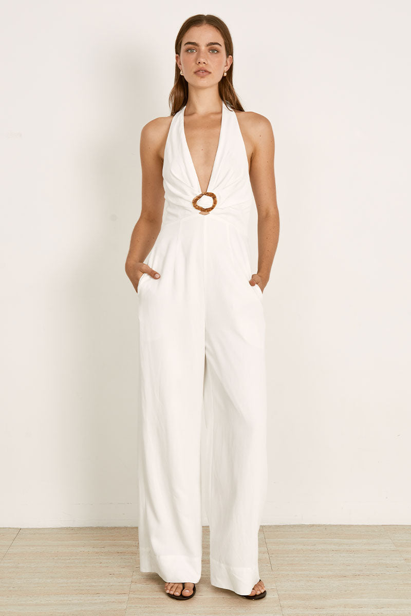 White Halter Neck Wide Leg Jumpsuit