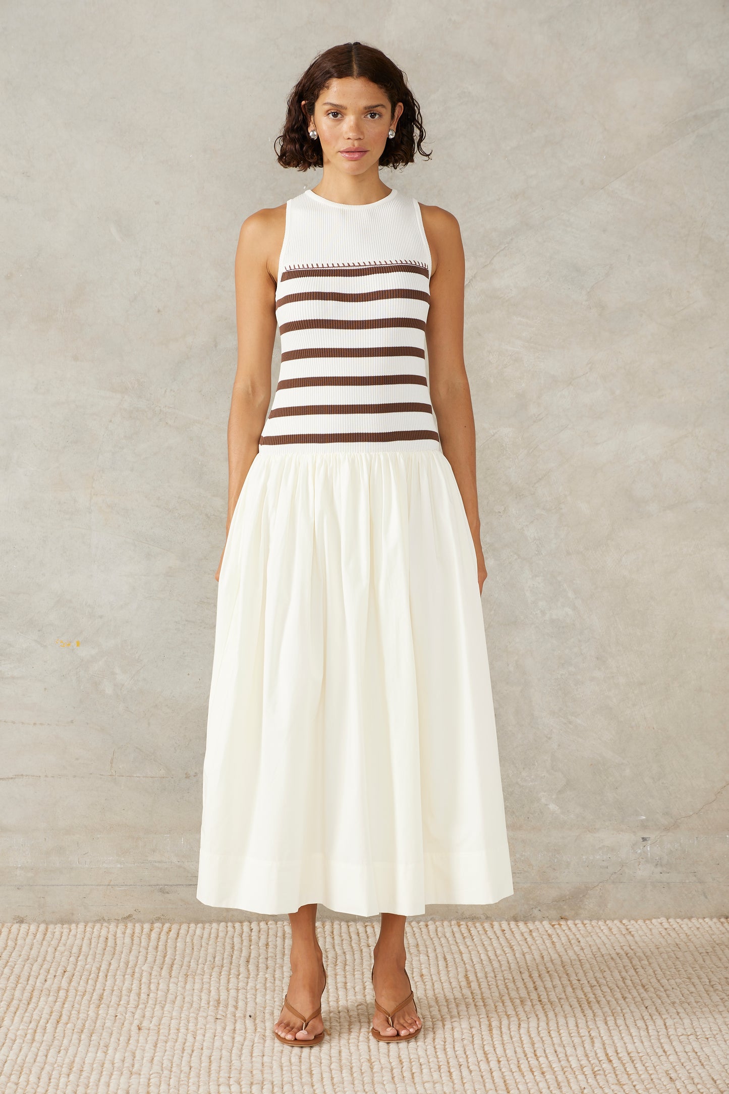 RHYTHM STRIPE MIX DRESS - IVORY/COFFEE STRIPE