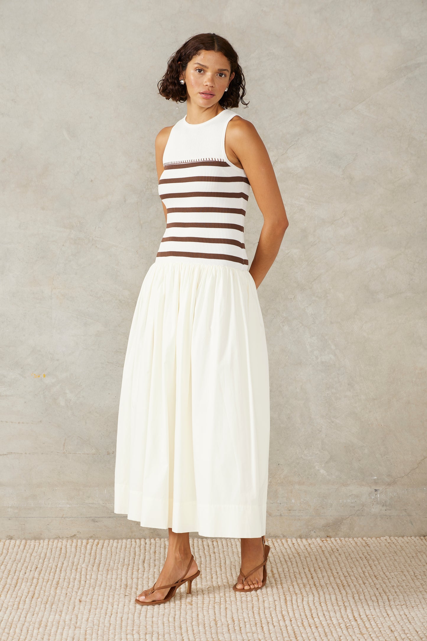 RHYTHM STRIPE MIX DRESS - IVORY/COFFEE STRIPE