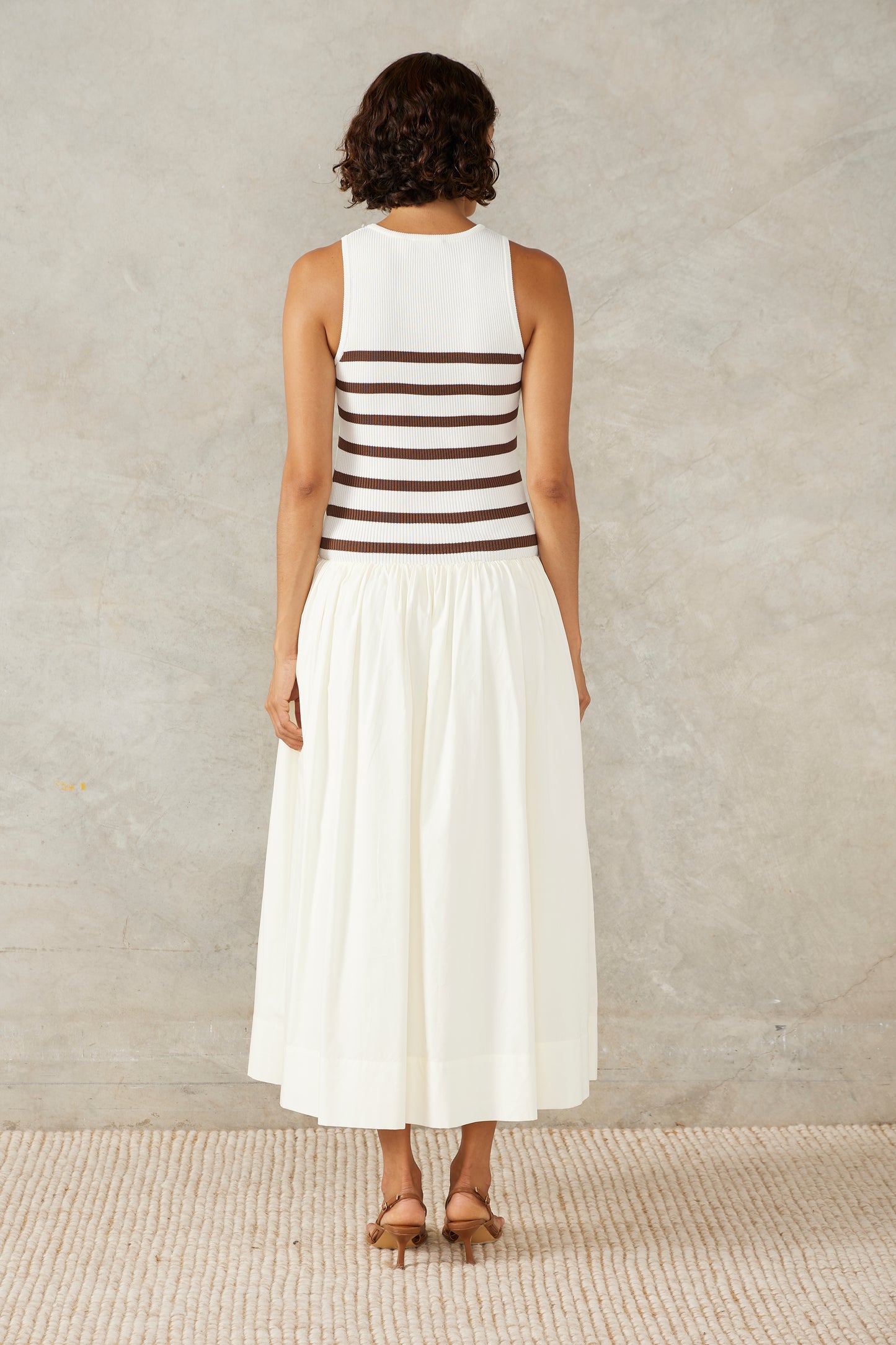 RHYTHM STRIPE MIX DRESS - IVORY/COFFEE STRIPE