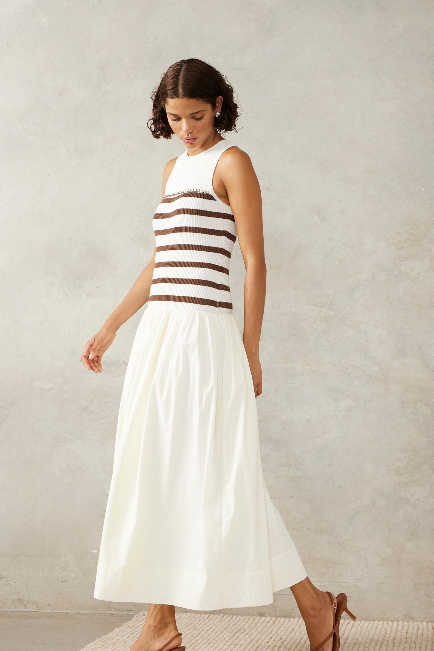 RHYTHM STRIPE MIX DRESS - IVORY/COFFEE STRIPE