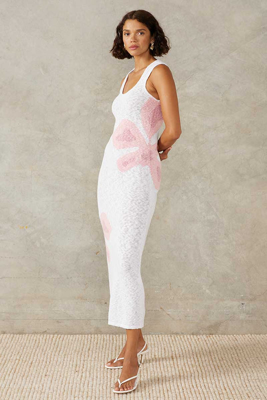 BLOOM KNIT MIDI DRESS - WHITE / PINK