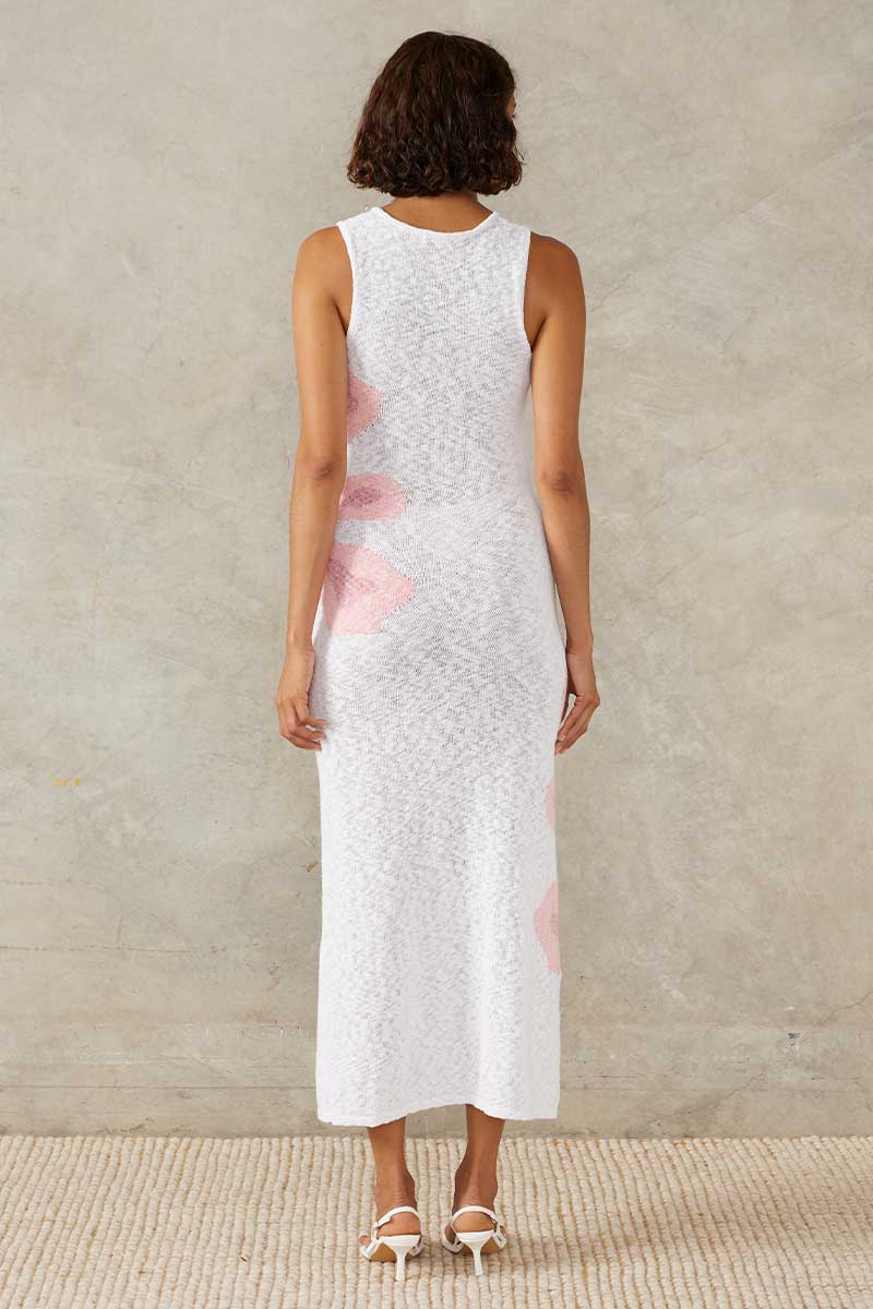 BLOOM KNIT MIDI DRESS - WHITE / PINK