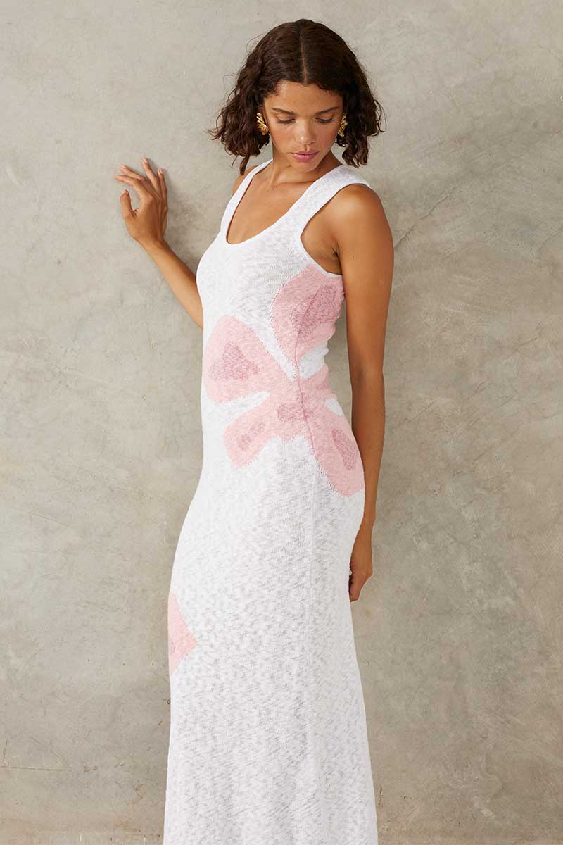 BLOOM KNIT MIDI DRESS - WHITE / PINK