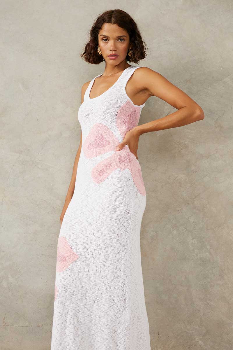 BLOOM KNIT MIDI DRESS - WHITE / PINK