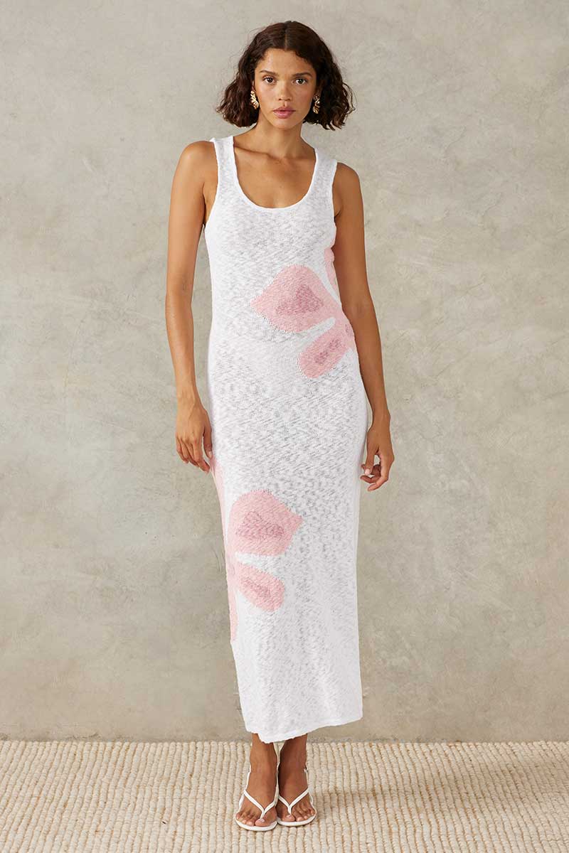 BLOOM KNIT MIDI DRESS - WHITE / PINK