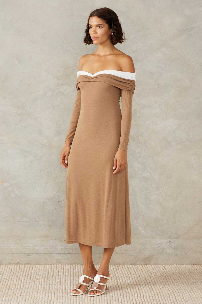 COLLIDE MIDI DRESS - MOCHA WHITE