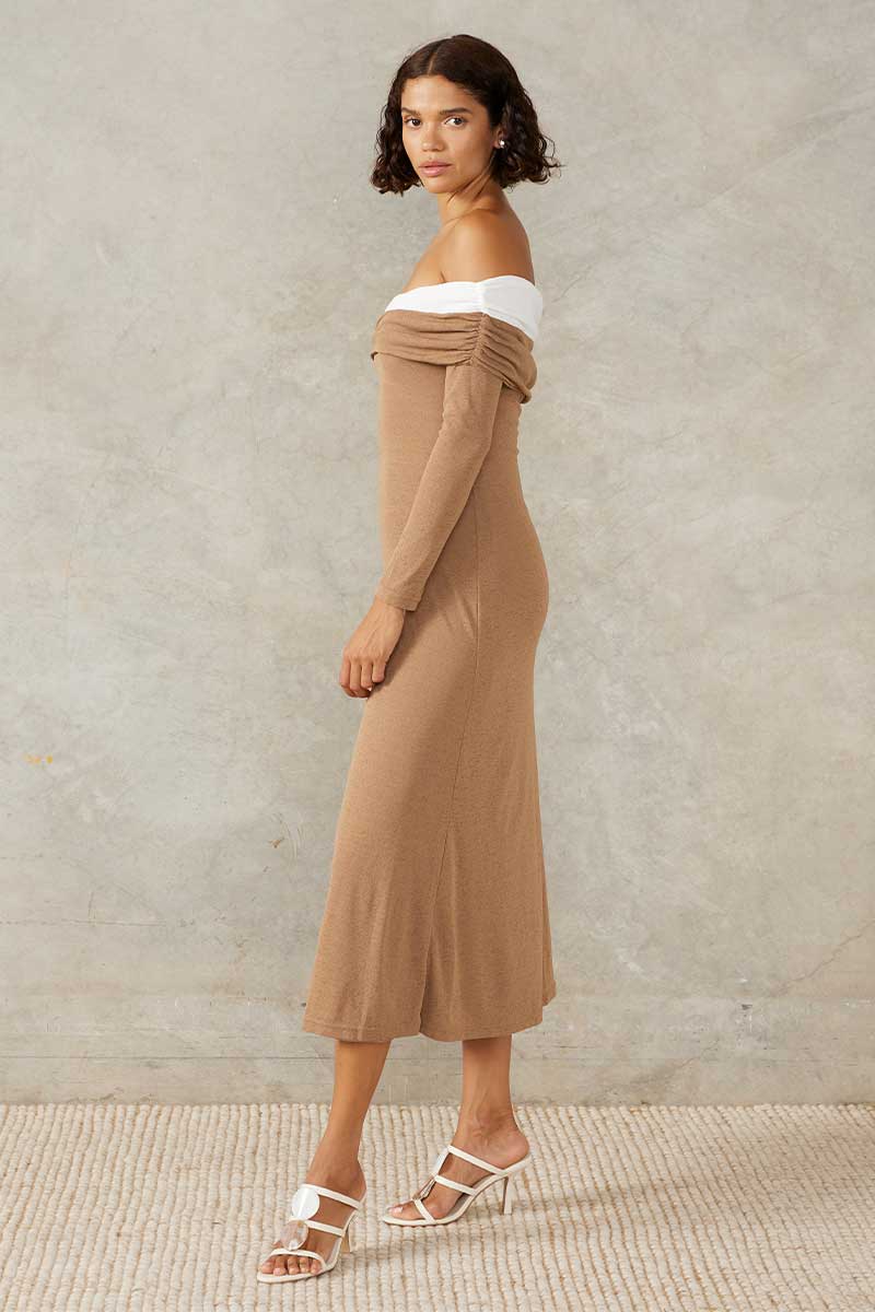 COLLIDE MIDI DRESS - MOCHA WHITE