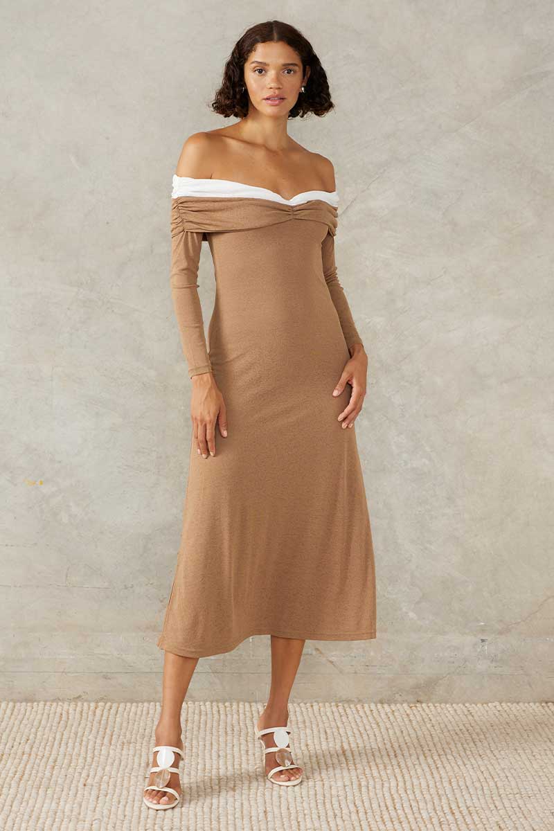 COLLIDE MIDI DRESS - MOCHA WHITE