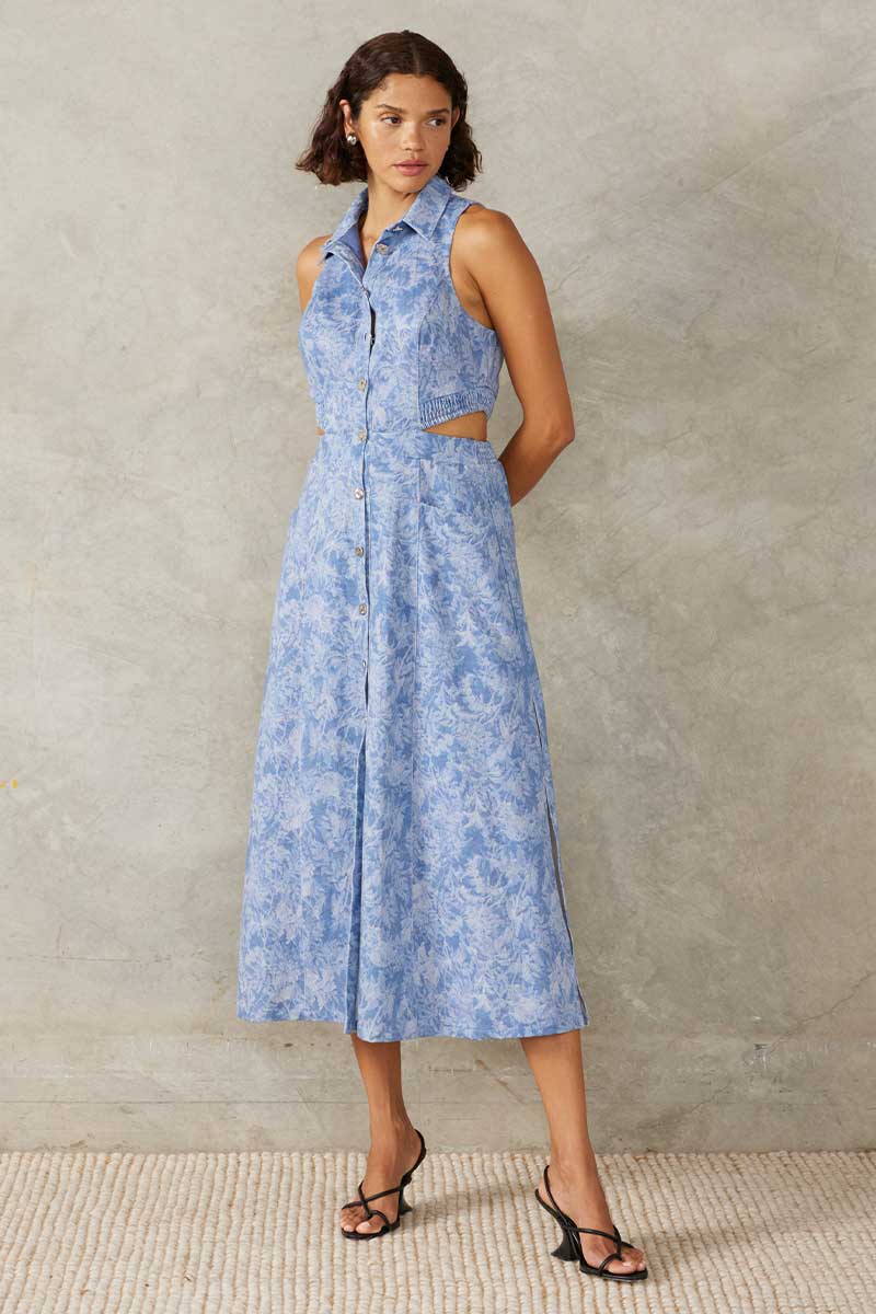 FLOURISH DENIM MIDI DRESS - FLOURISH DENIM PRINT