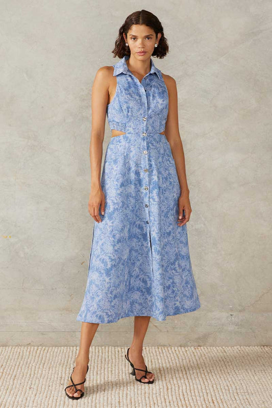 FLOURISH DENIM MIDI DRESS - FLOURISH DENIM PRINT