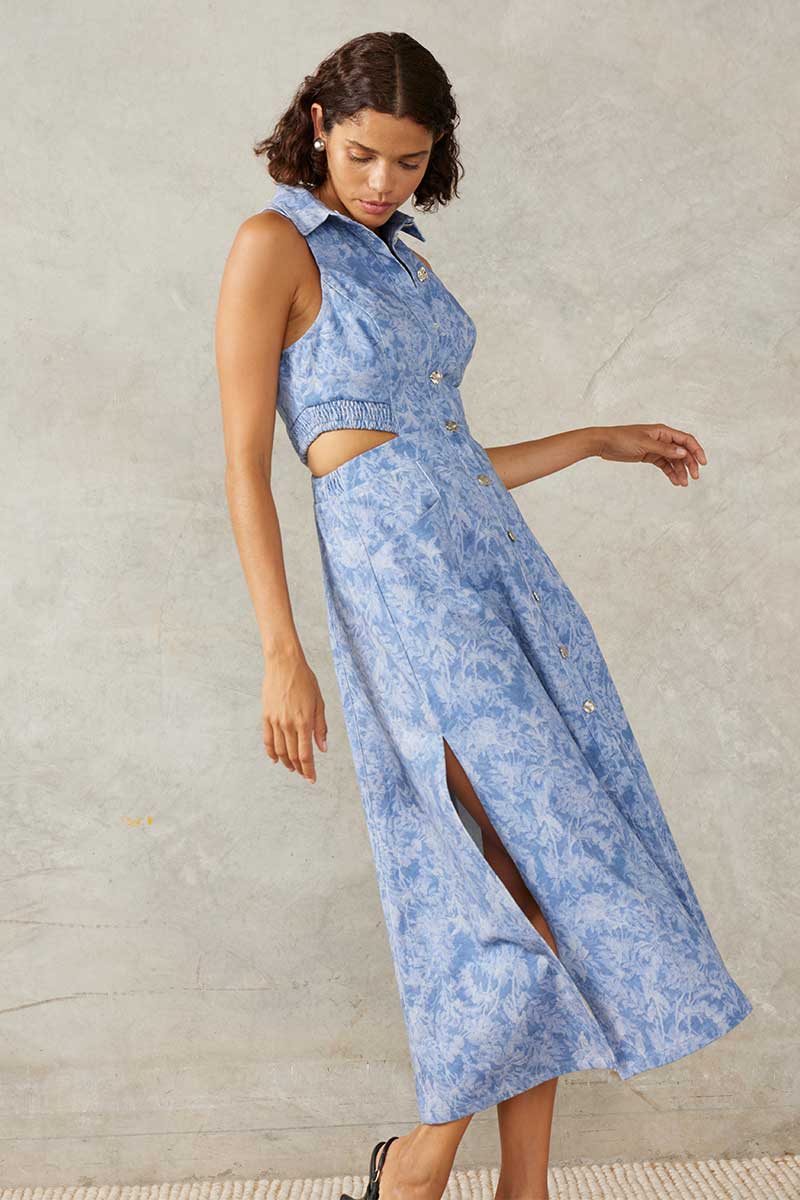 FLOURISH DENIM MIDI DRESS - FLOURISH DENIM PRINT