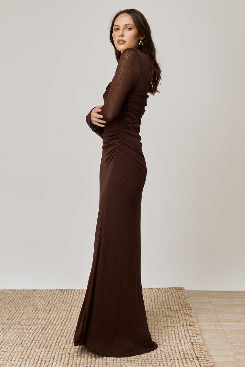 OVERLAY SLEEVED MIDI DRESS - CHOCOLATE