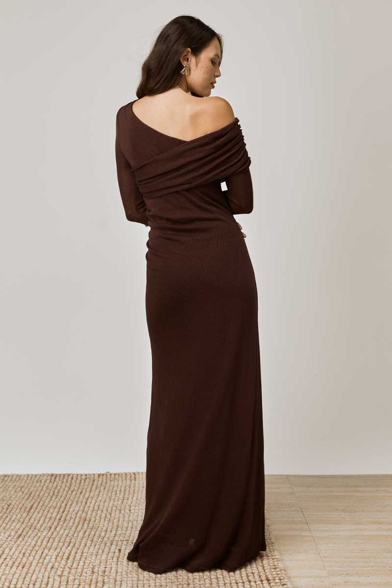 OVERLAY SLEEVED MIDI DRESS - CHOCOLATE