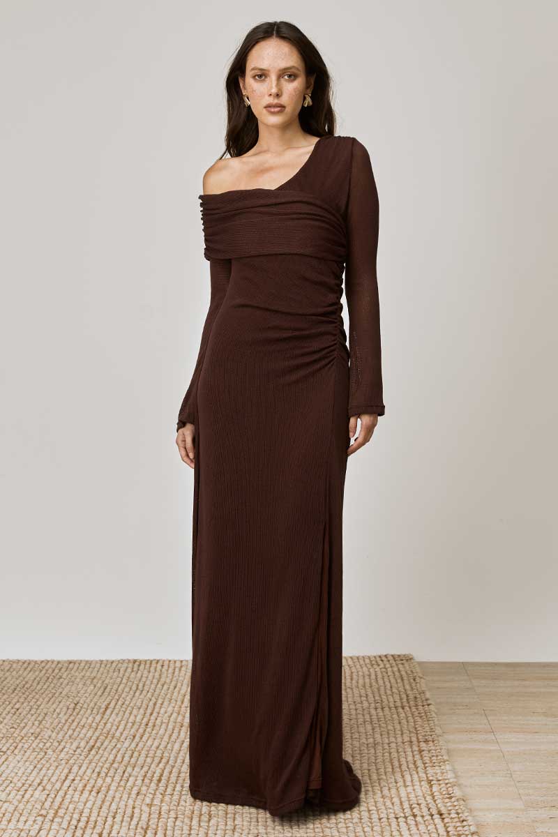 OVERLAY SLEEVED MIDI DRESS - CHOCOLATE