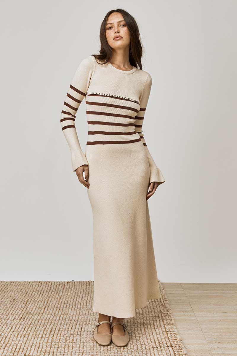 RHYTHM STRIPE KNIT DRESS - OAT/COFFEE STRIPE