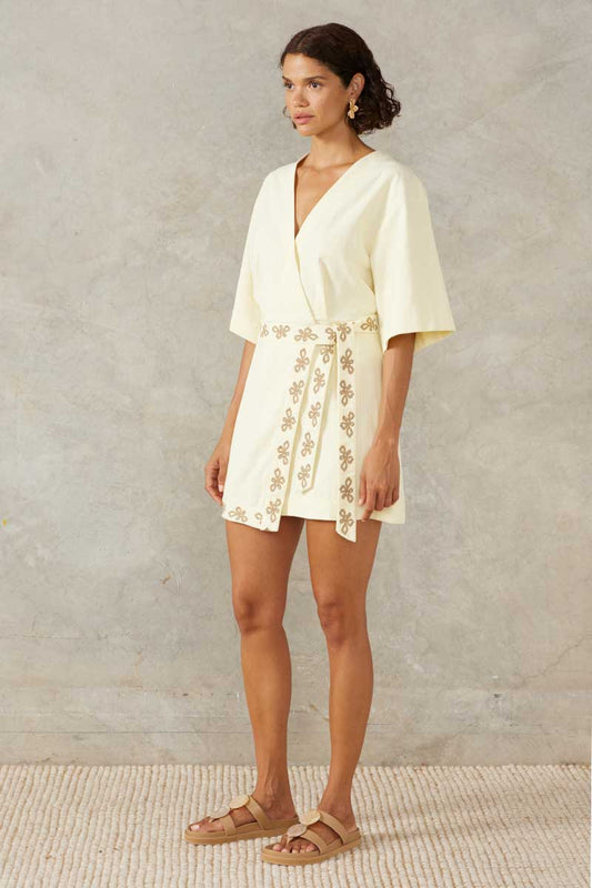 VOYAGE EMBROIDERED MINI DRESS - LEMON