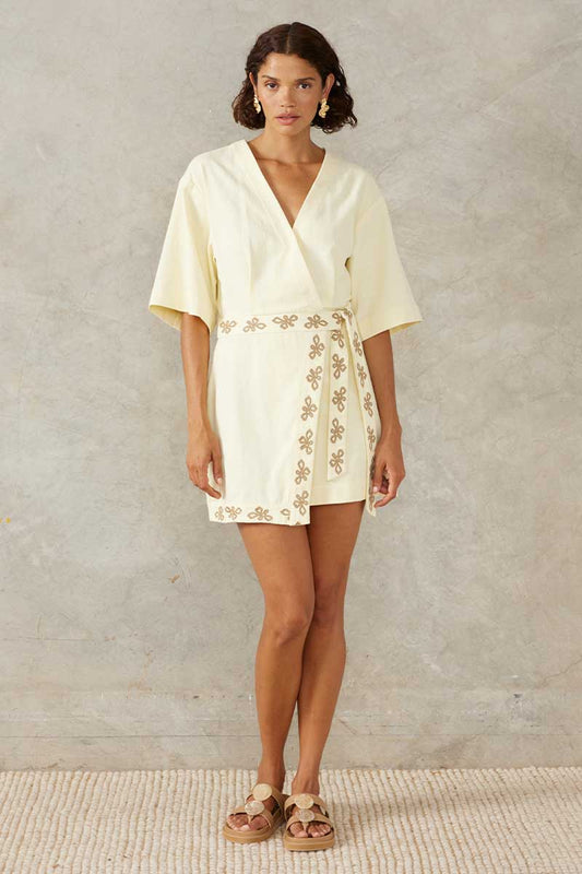 VOYAGE EMBROIDERED MINI DRESS - LEMON